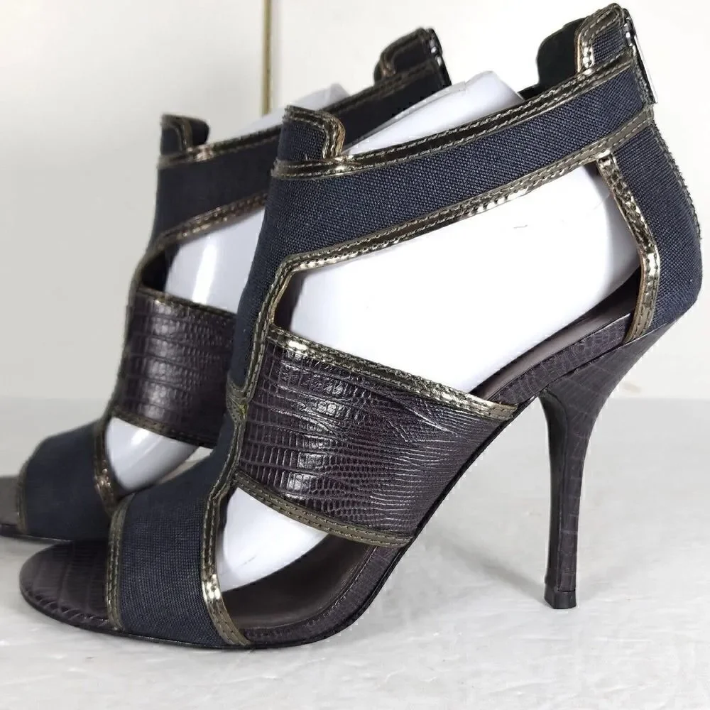Tory Burch Women's US 10M Blue Canvas Leather Animal Print Cut-Out Heeled Sandal